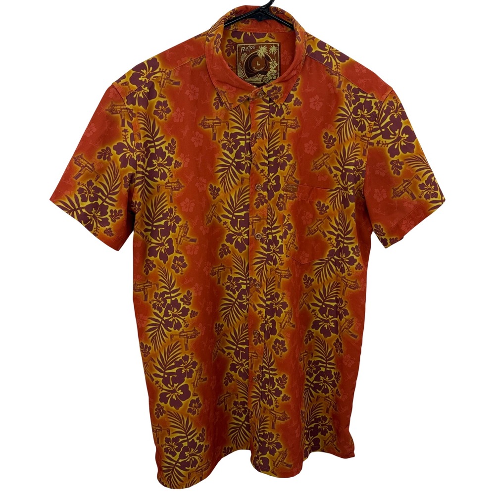 Retro Rifle Shirt Mens Large Orange Tropical Aloha MP7 Hibiscus Short Sleeve